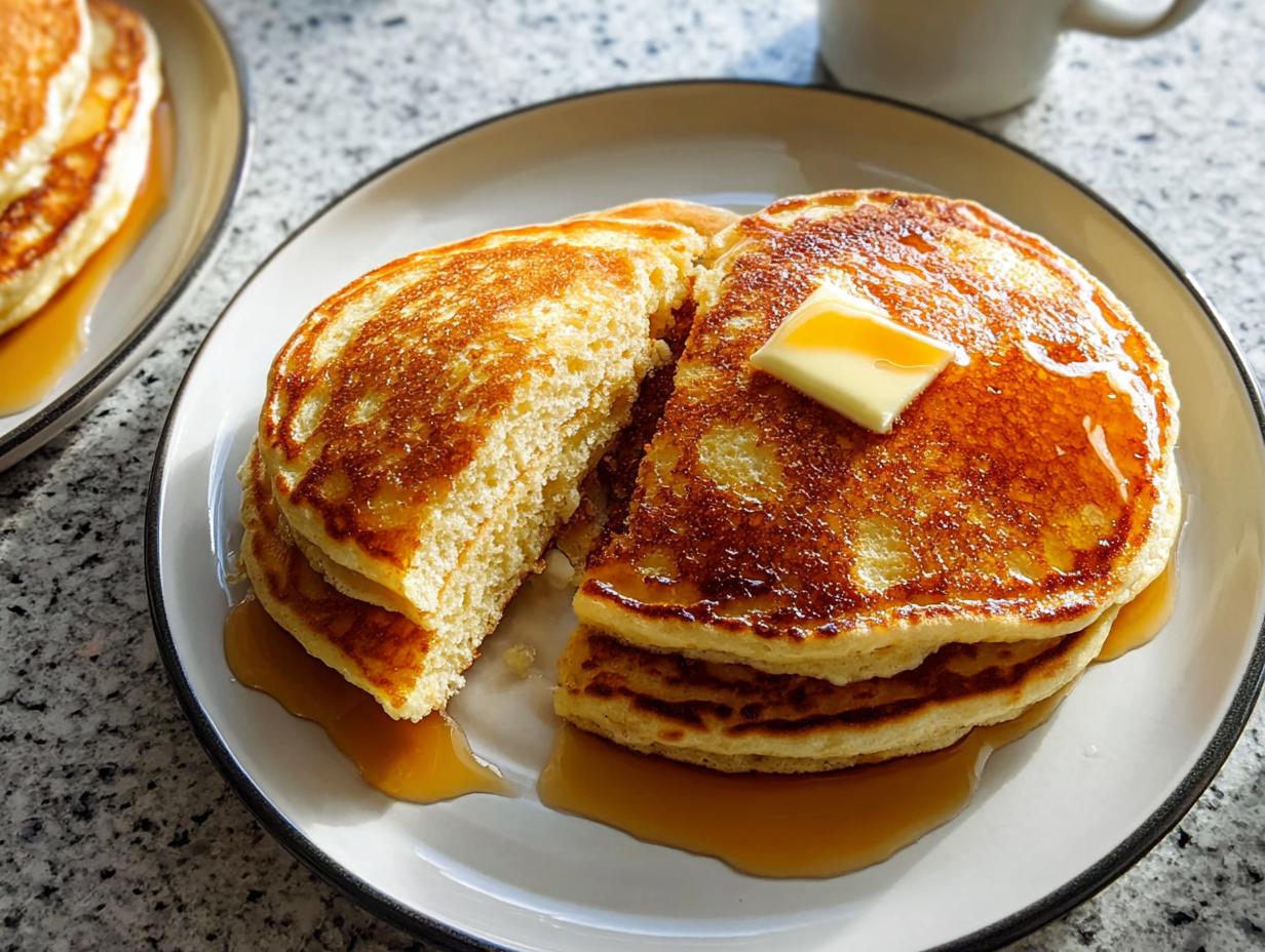 A stack of Fluffy Buttermilk Pancakes cut in half, topped with melting butter and drizzled with maple syrup.