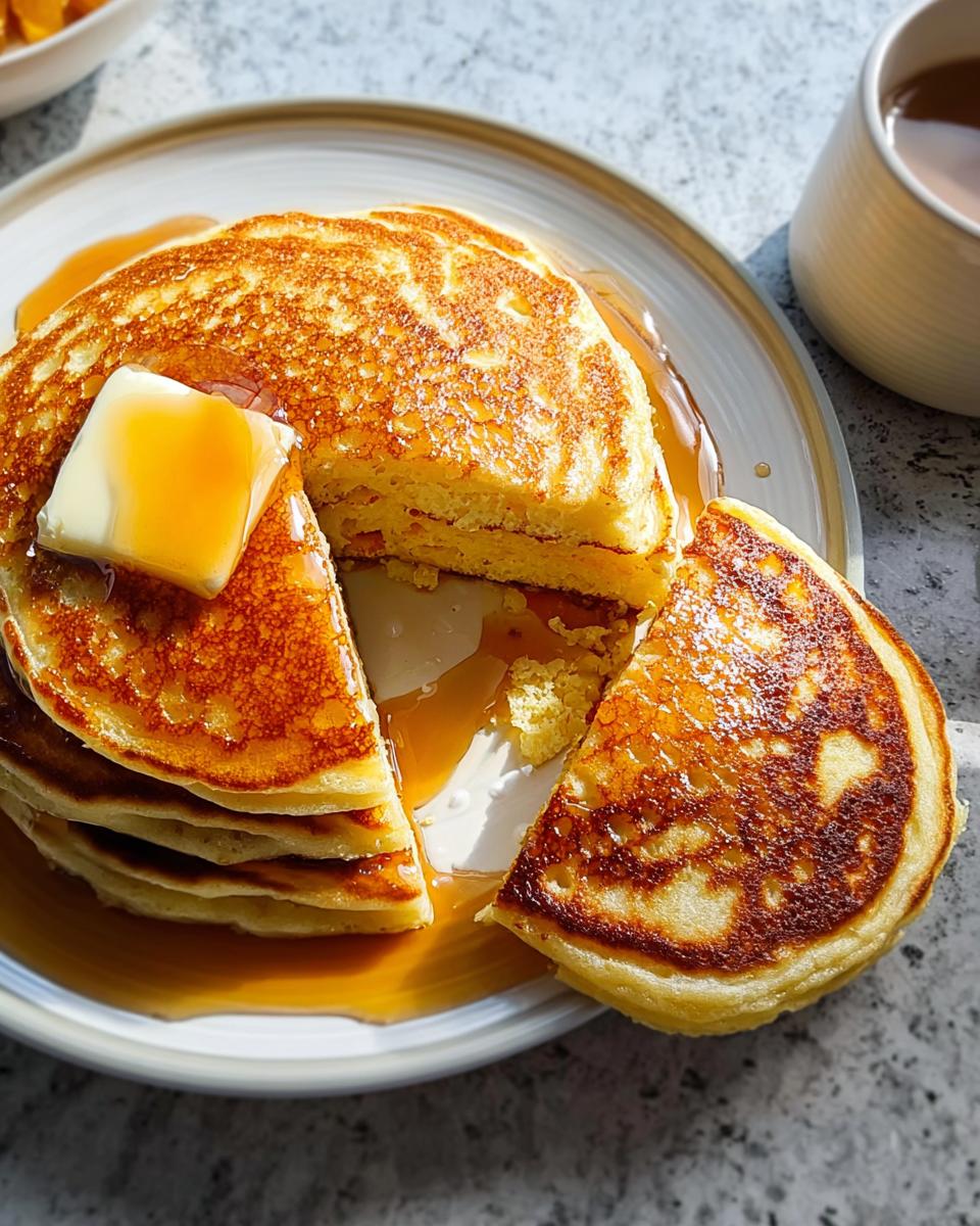 A stack of golden brown Fluffy Buttermilk Pancakes drizzled with syrup and topped with melting butter.