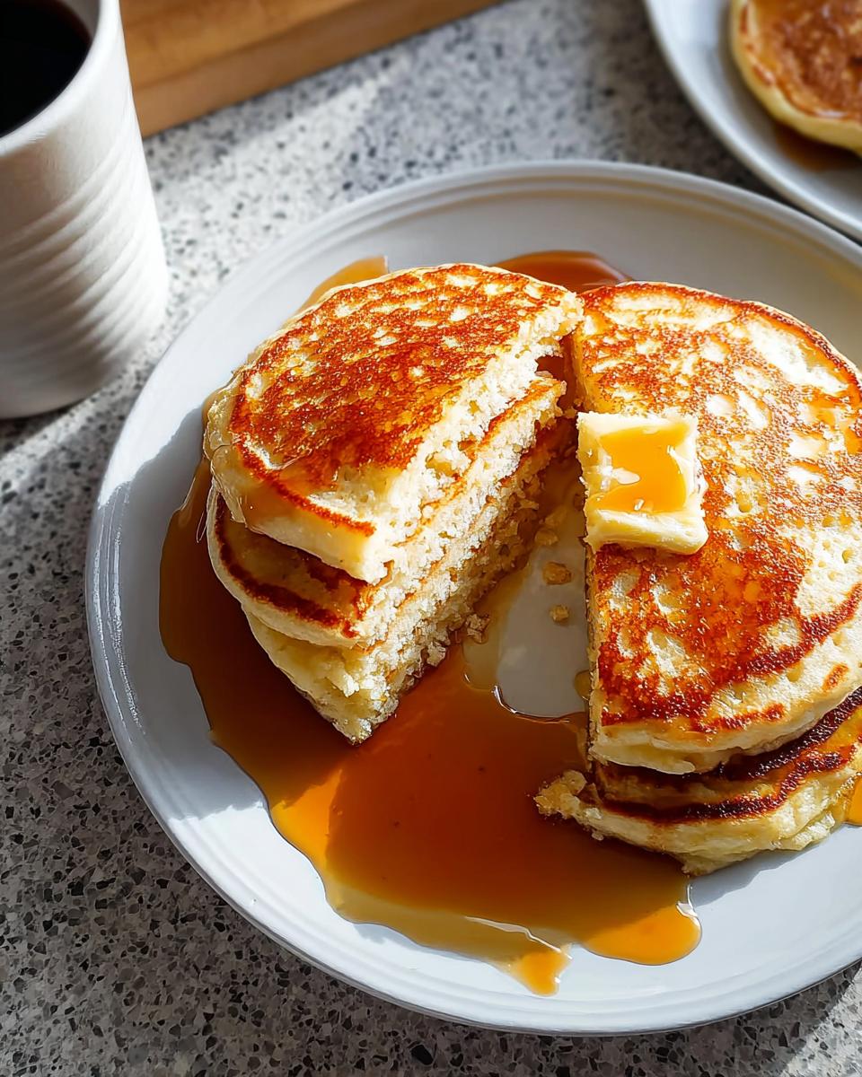 A stack of Fluffy Buttermilk Pancakes cut open, drizzled with syrup and topped with melting butter.