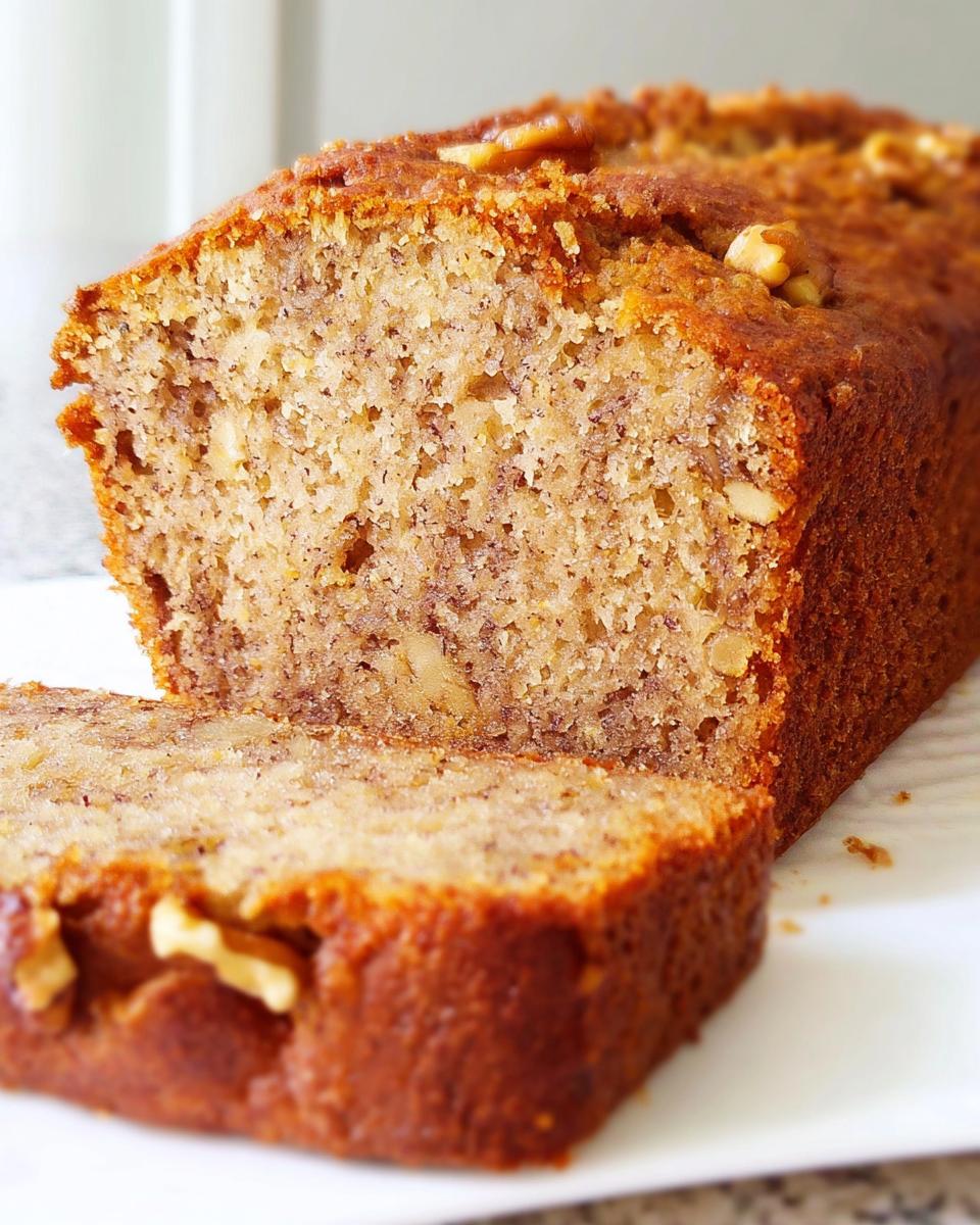 Close-up of a foolproof banana bread loaf, sliced to reveal moist crumb and walnuts.
