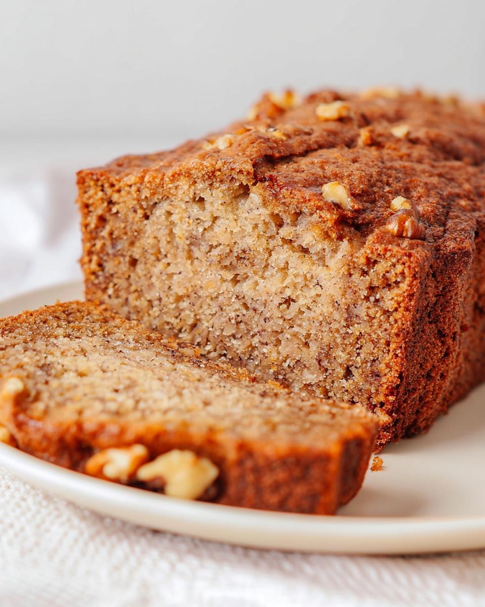 A close-up of a foolproof banana bread loaf, sliced and topped with walnuts, on a white plate.