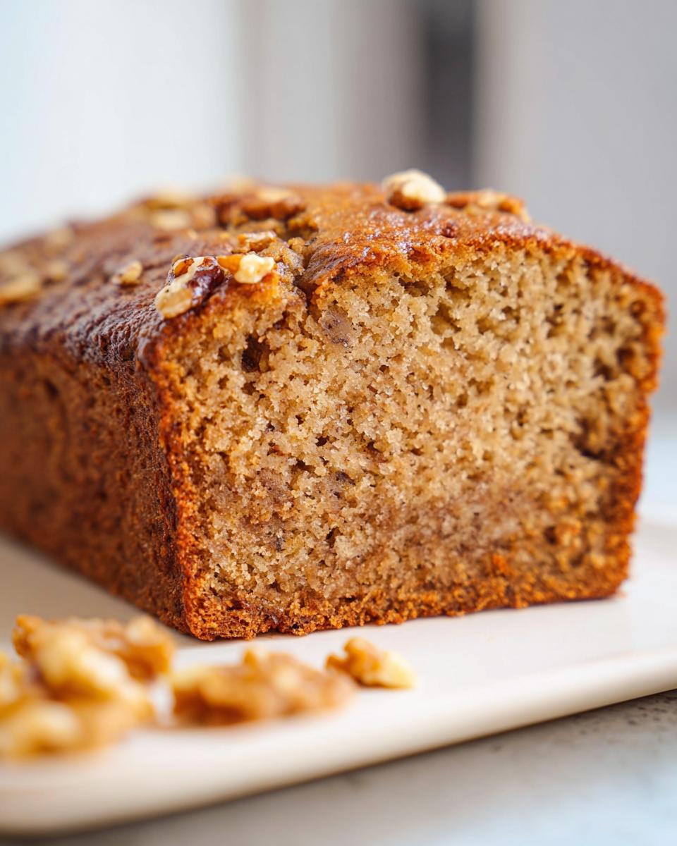 A close-up of a slice of foolproof banana bread, topped with walnuts and served on a white plate.