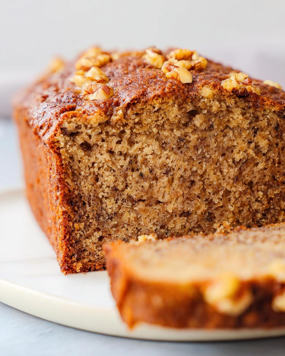 A close-up of a foolproof banana bread loaf topped with walnuts, with one slice cut.