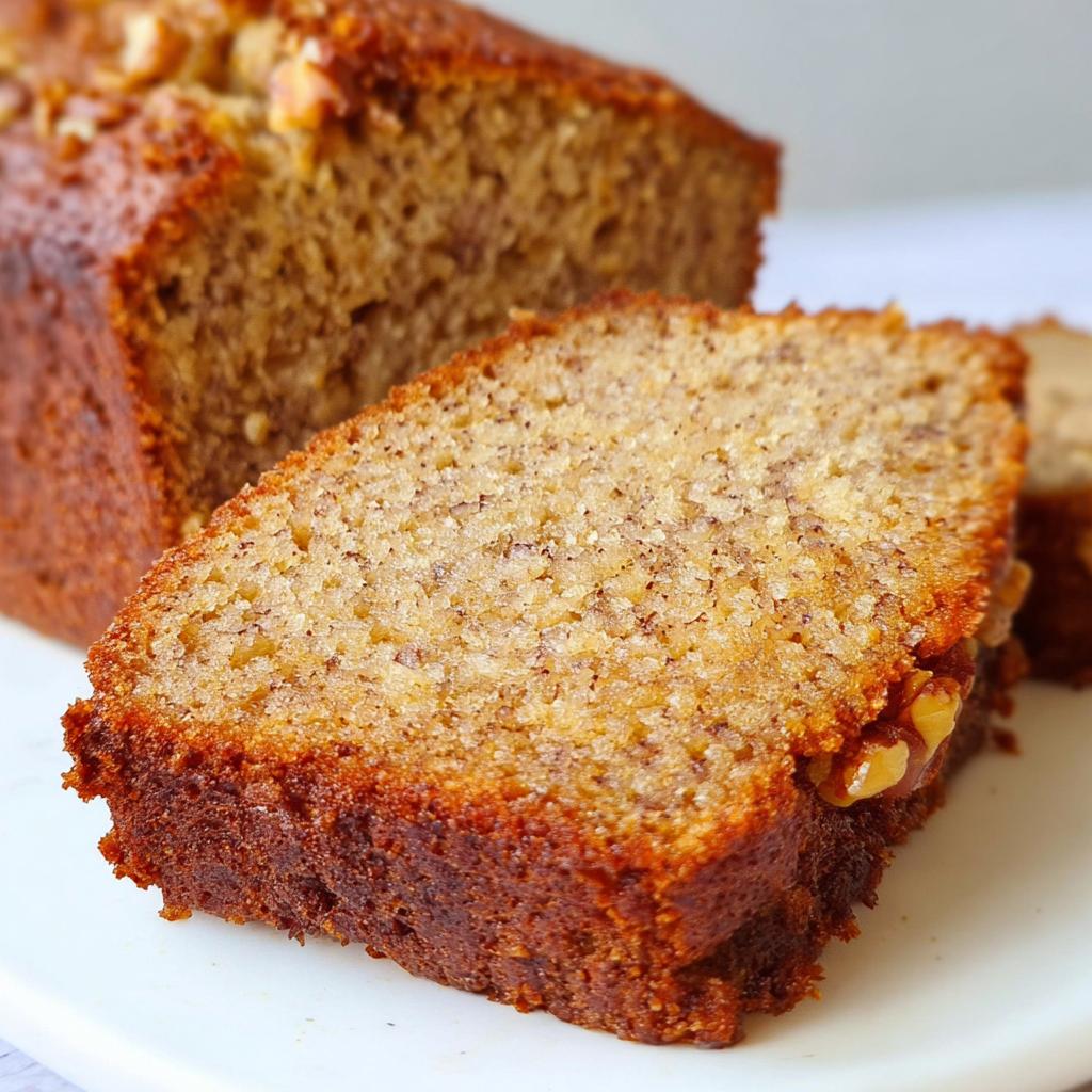 A close-up of a moist slice of foolproof banana bread, studded with walnuts, on a white plate.