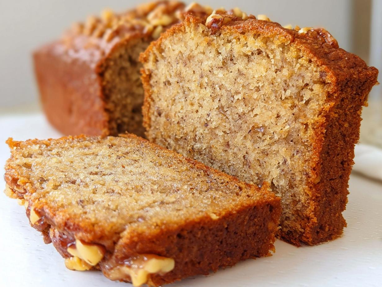 Close-up of two slices of foolproof banana bread, topped with walnuts, showcasing its moist texture.
