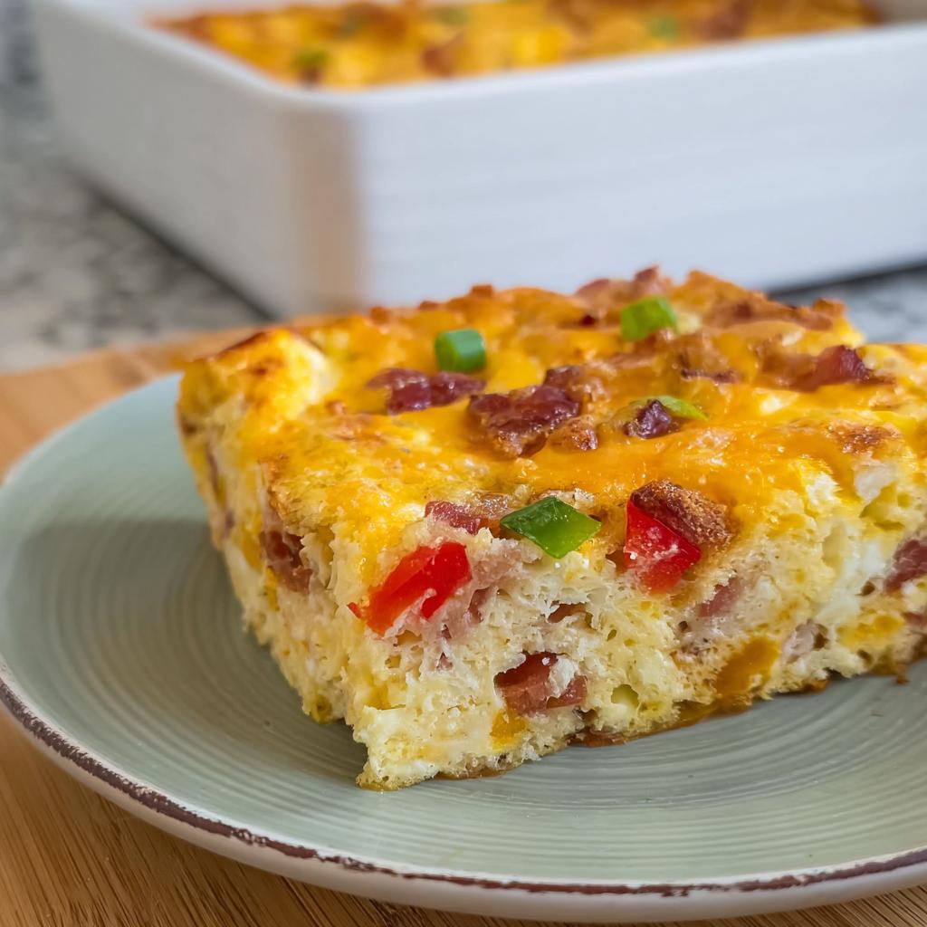 A slice of a foolproof breakfast casserole with eggs, cheese, bacon, and peppers.