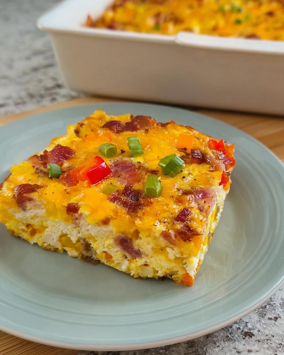 A slice of foolproof breakfast casserole with bacon, cheese, and vegetables on a plate.