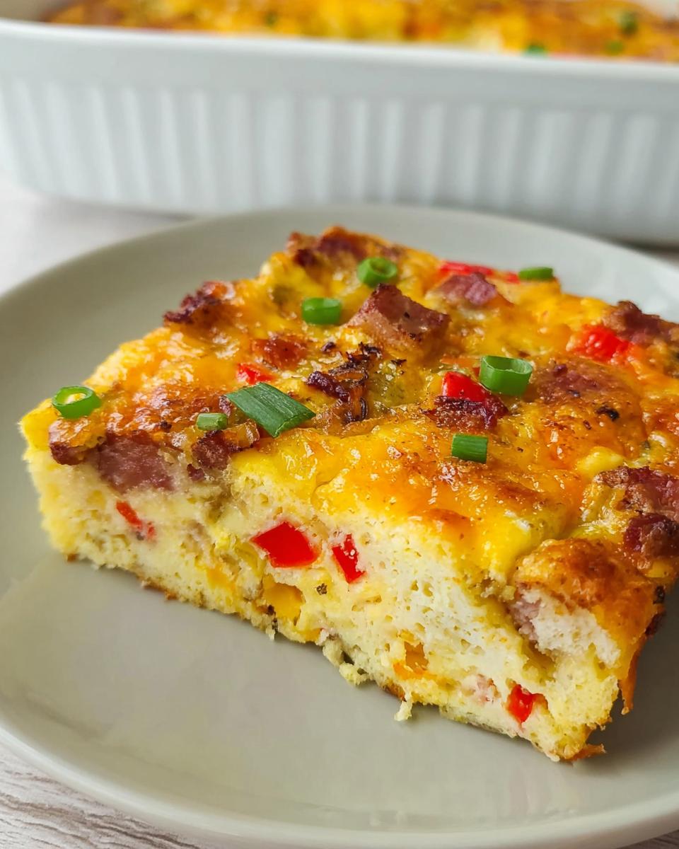A slice of foolproof breakfast casserole with eggs, cheese, bacon, and peppers, garnished with green onions.
