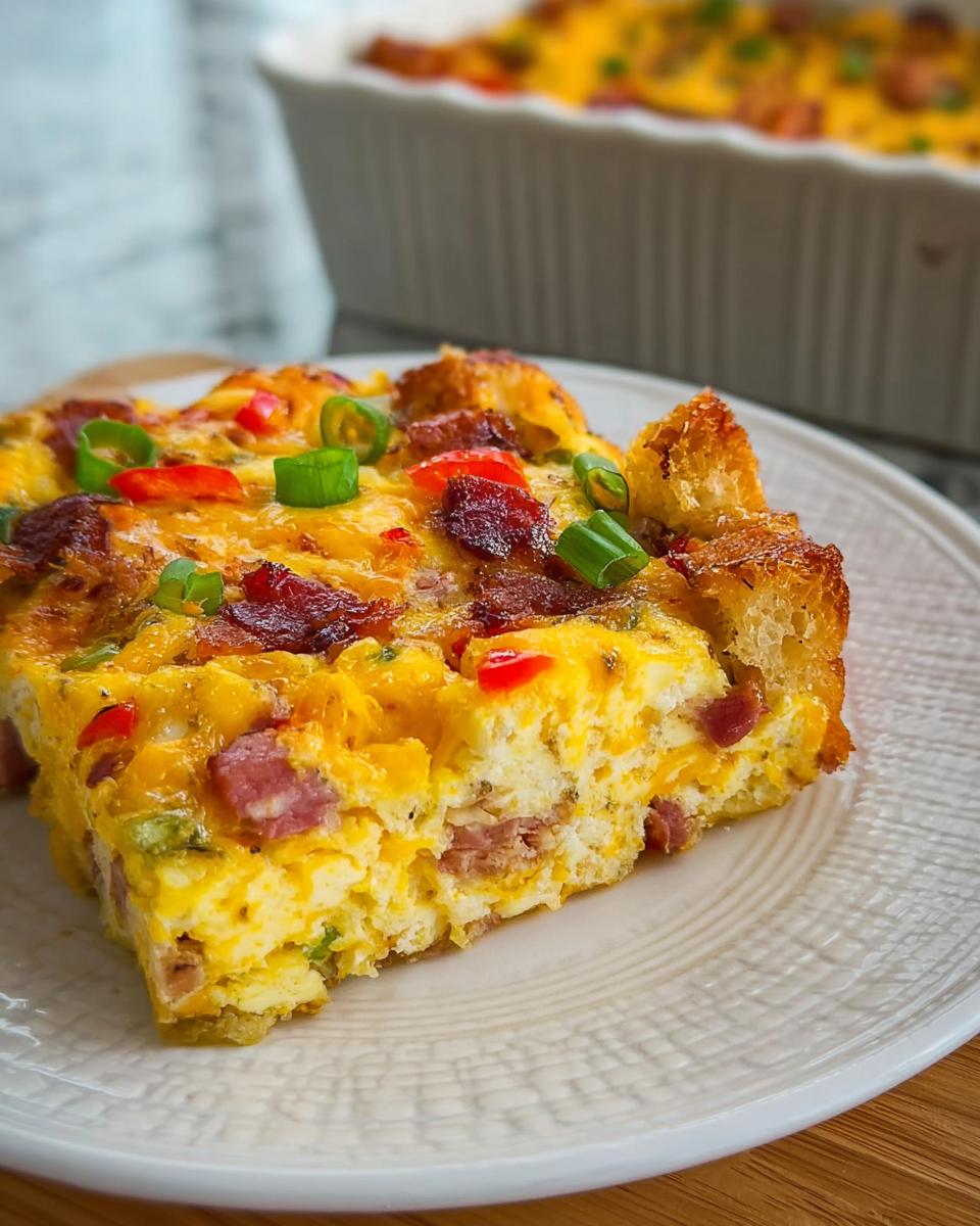 A slice of a hearty breakfast casserole with eggs, cheese, bacon, and peppers, part of foolproof breakfast ideas.