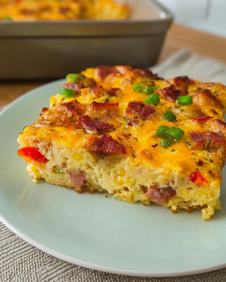 A slice of a savory breakfast casserole with bacon, cheese, and green onions, part of foolproof breakfast ideas.