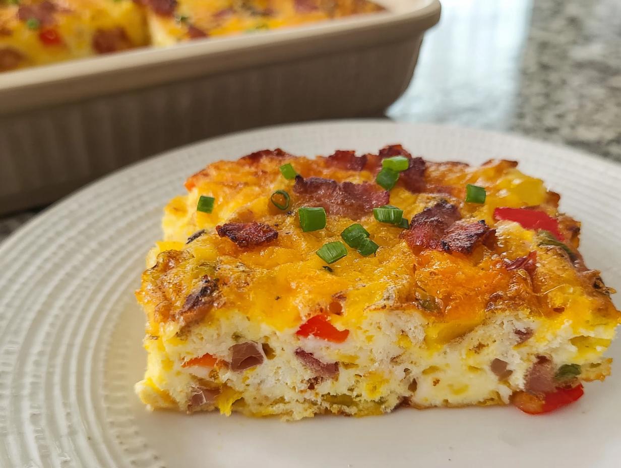 A slice of foolproof breakfast casserole with bacon, cheese, and vegetables on a white plate.