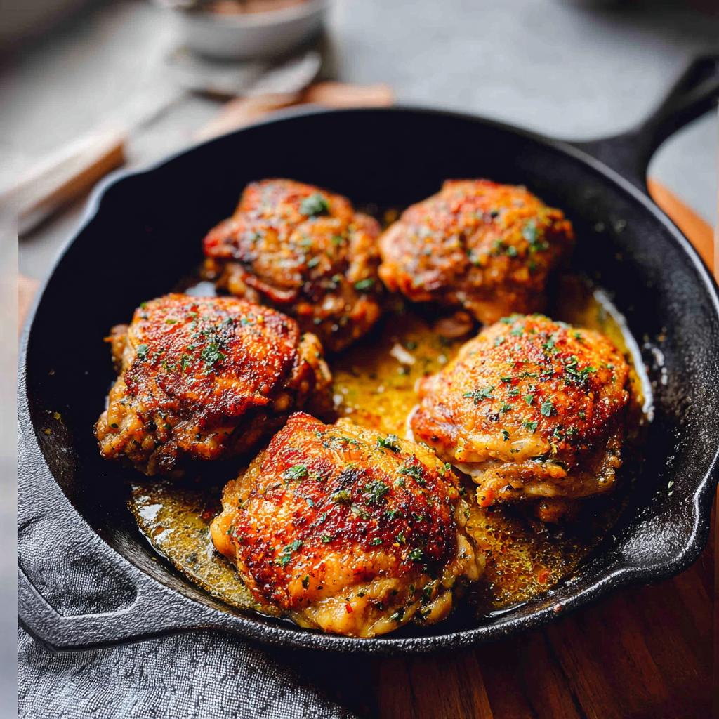 Five golden-brown, crispy chicken thighs seasoned and baked in a cast iron skillet with a flavorful sauce.