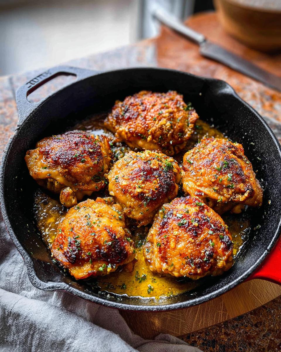 Five golden-brown, juicy chicken thighs cooked in a cast iron skillet with butter and herbs.