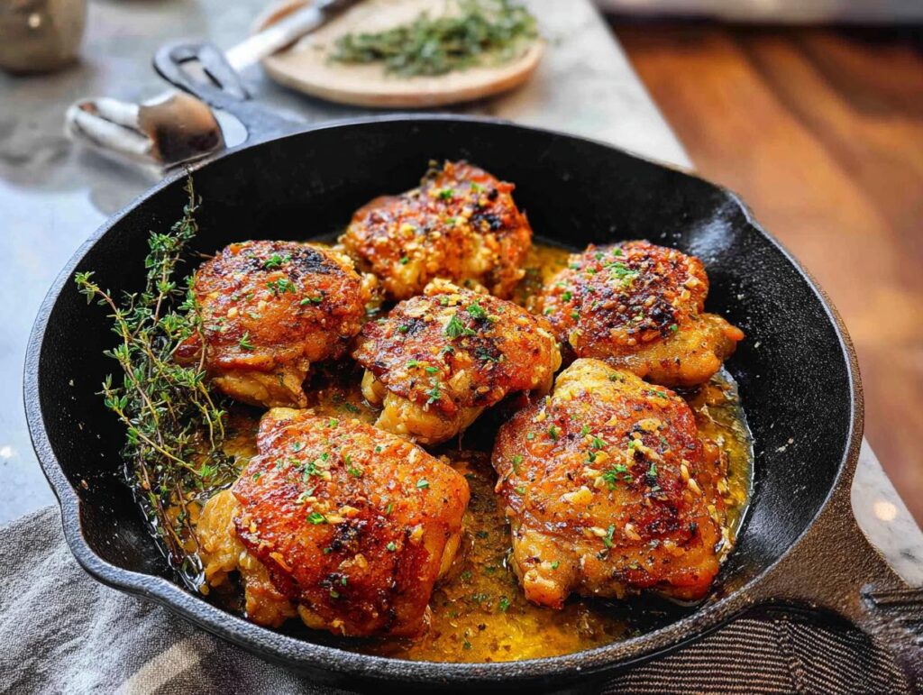 Close-up of foolproof chicken thighs recipe cooked in a cast-iron skillet with herbs and sauce.