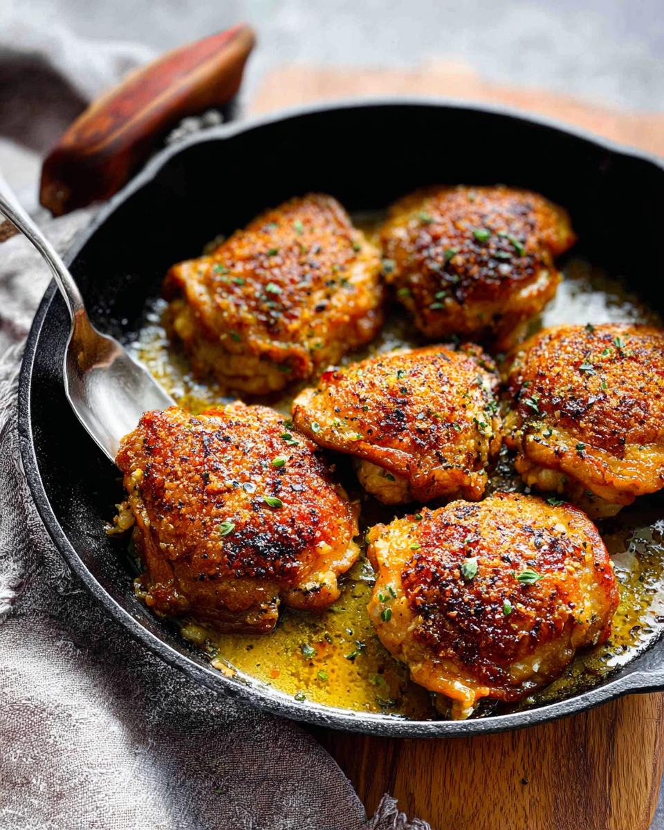 Close-up of golden-brown, crispy foolproof chicken thighs in a cast iron skillet with herbs.