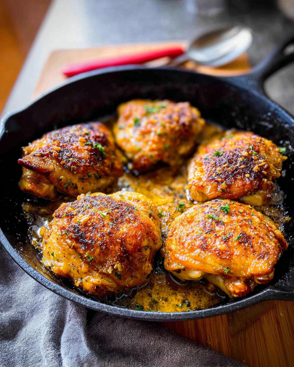 Close-up of five golden-brown, pan-seared chicken thighs with herbs in a cast-iron skillet.