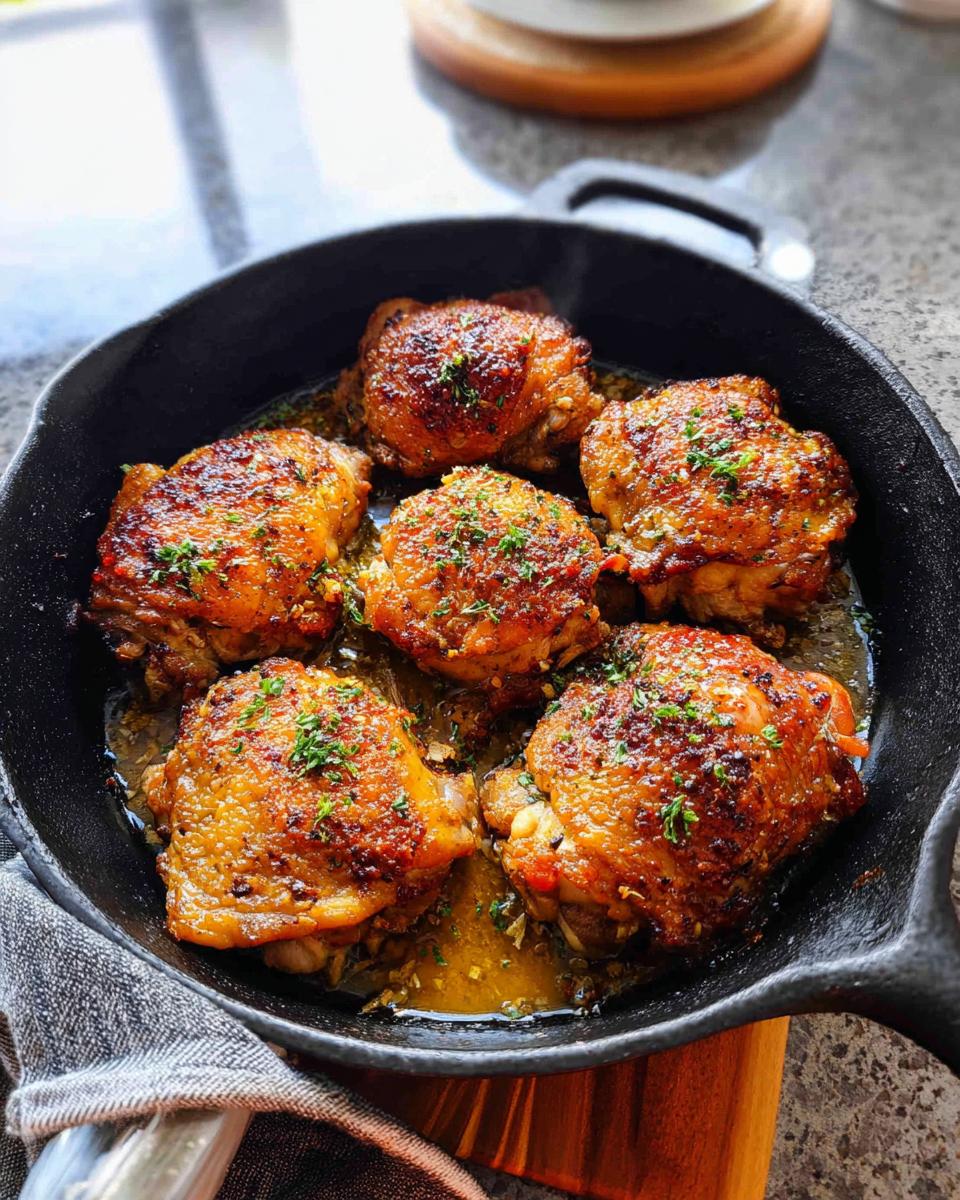Six golden-brown, juicy chicken thighs are baked in a cast iron skillet, seasoned with herbs.