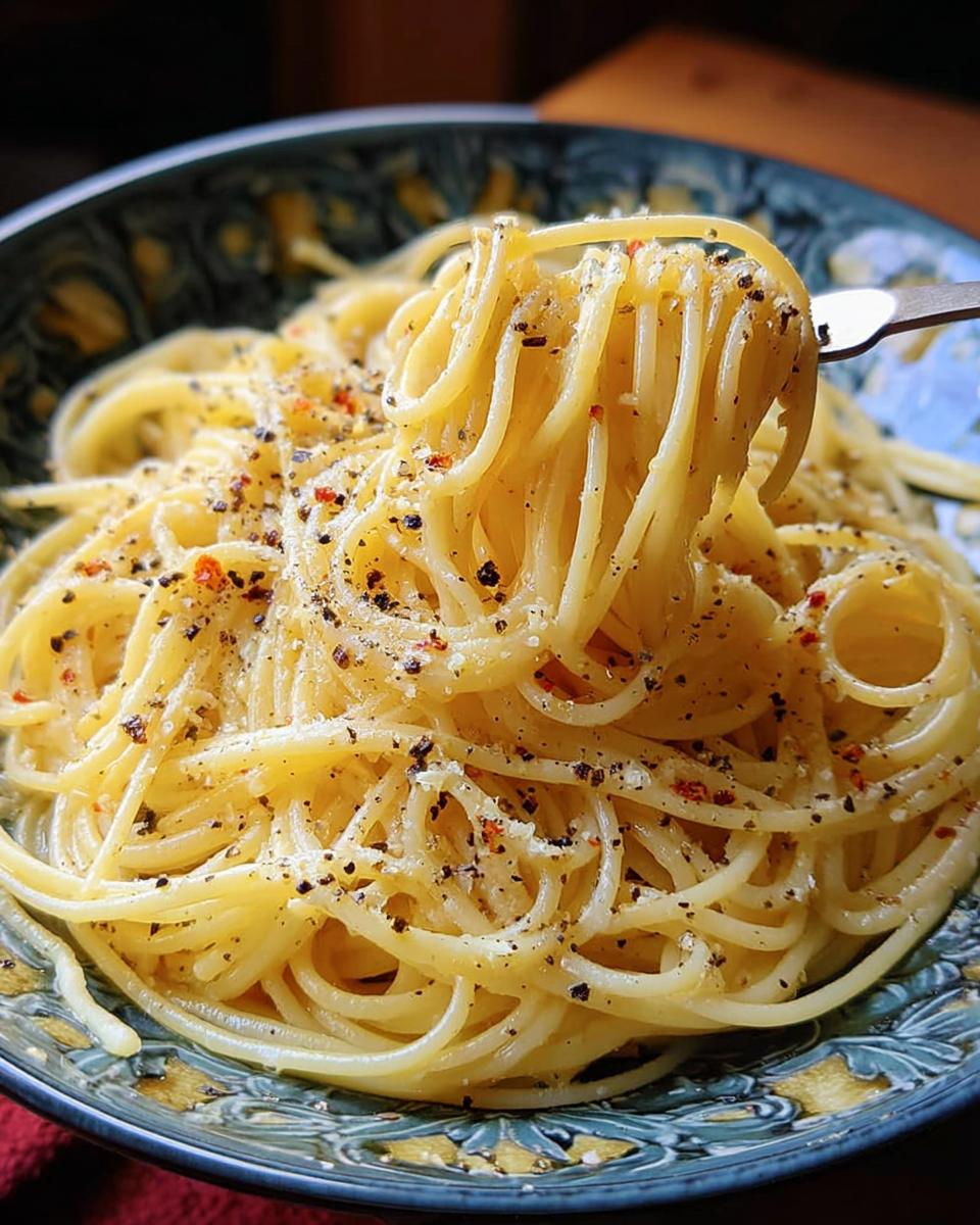 Close-up of a fork twirling spaghetti, seasoned with pepper and chili flakes, part of a foolproof dinner idea.