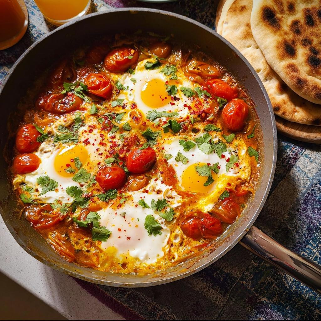A foolproof dinner recipe of shakshuka with eggs, cherry tomatoes, and cilantro, served in a skillet.