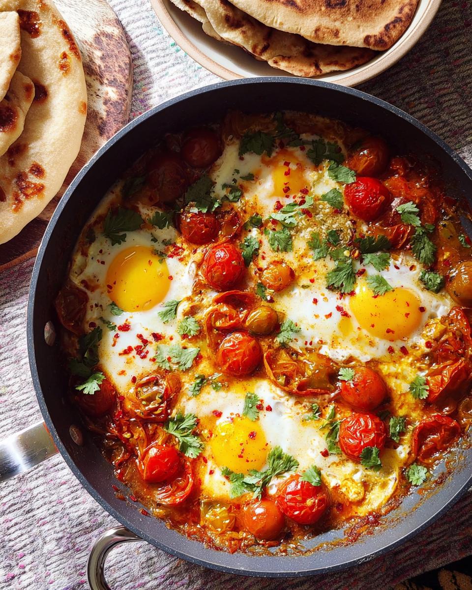 A foolproof dinner recipe of shakshuka in a pan, with eggs poached in a tomato sauce and garnished with cilantro.