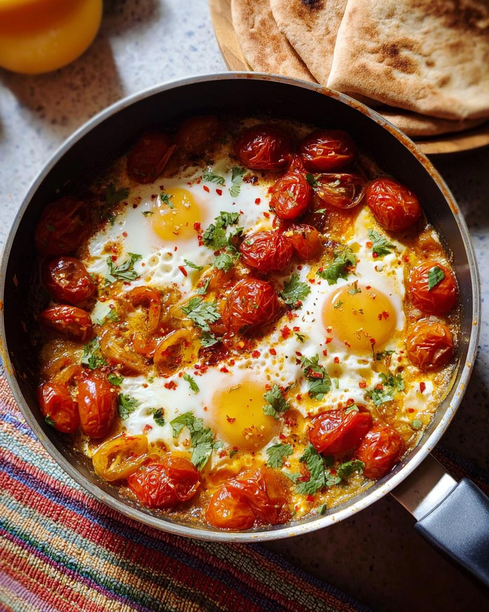 A foolproof dinner recipe of shakshuka in a pan with eggs, cherry tomatoes, and herbs, served with pita bread.
