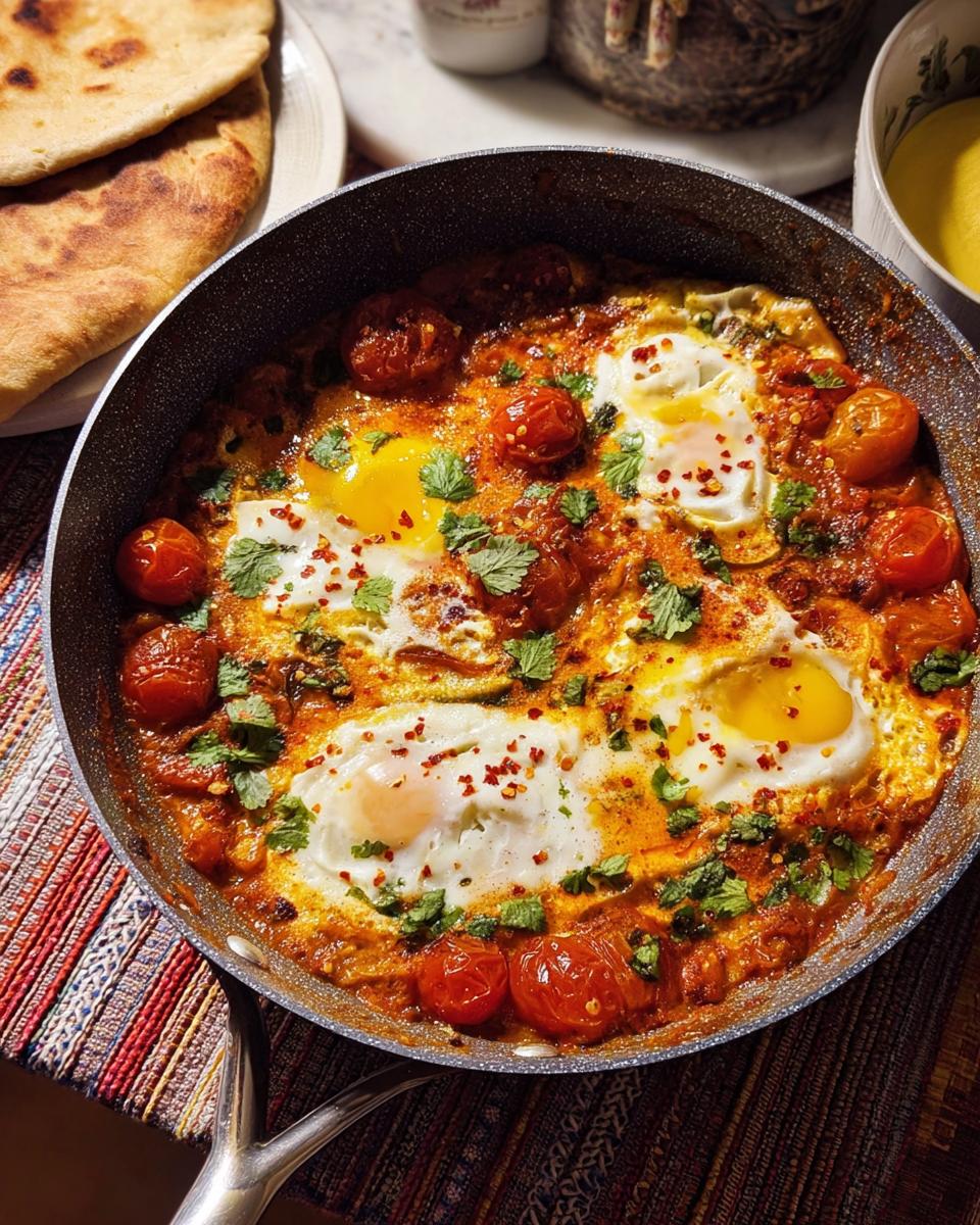 A foolproof dinner recipe of shakshuka with eggs poached in a rich tomato and pepper sauce, garnished with fresh cilantro.