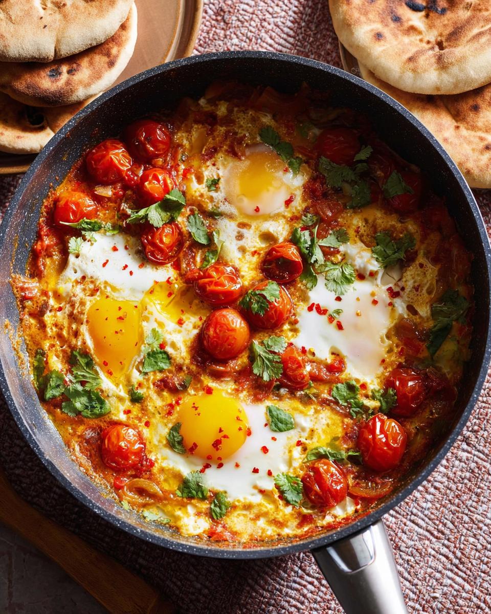 A pan of Shakshuka, a dish of eggs poached in a tomato and pepper sauce, served with flatbread. A foolproof dinner recipe.