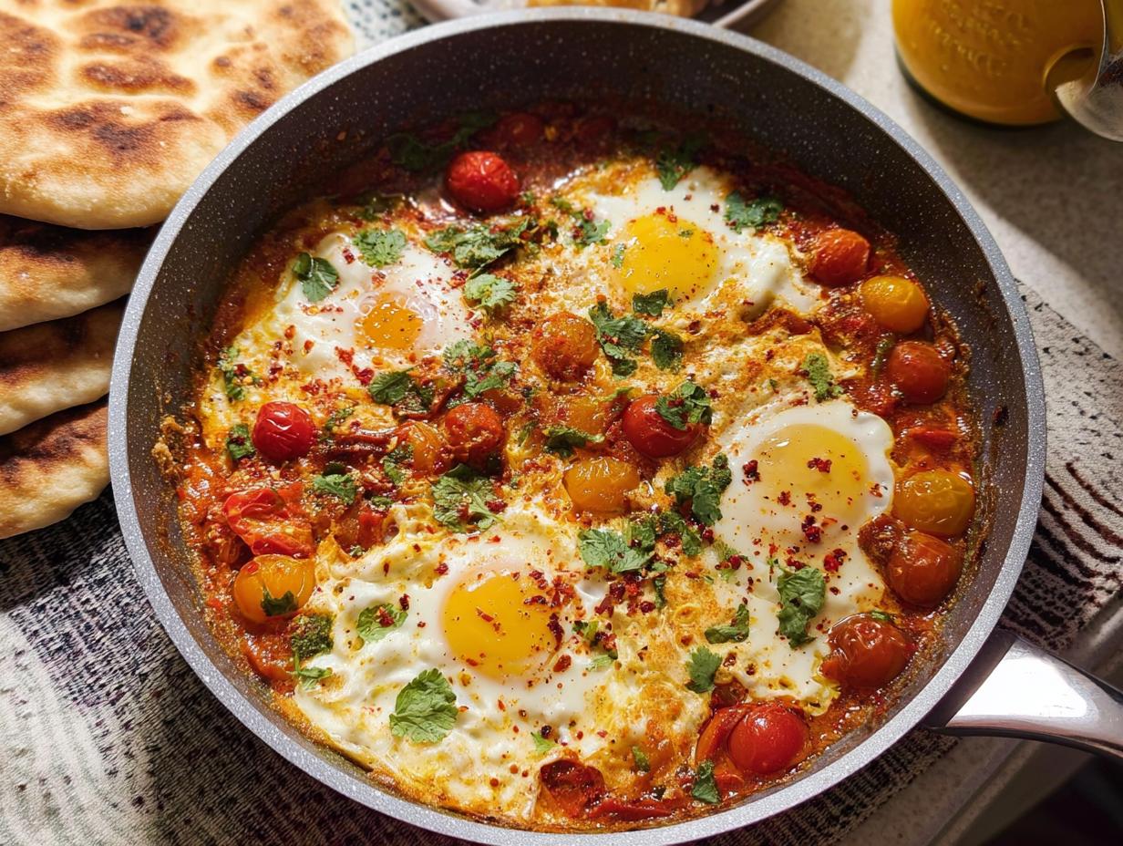 A foolproof dinner recipe for Shakshuka, featuring eggs poached in a rich tomato and pepper sauce, garnished with cilantro.