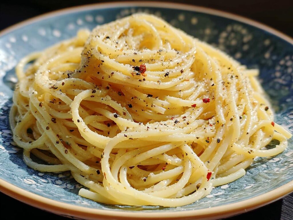 Close-up of a plate of spaghetti tossed with pepper and cheese, a simple yet delicious dinner idea.