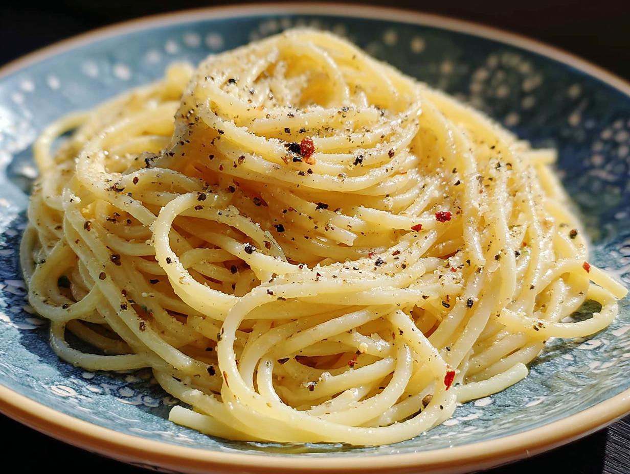 Close-up of a plate of spaghetti tossed with pepper and cheese, a simple yet delicious dinner idea.