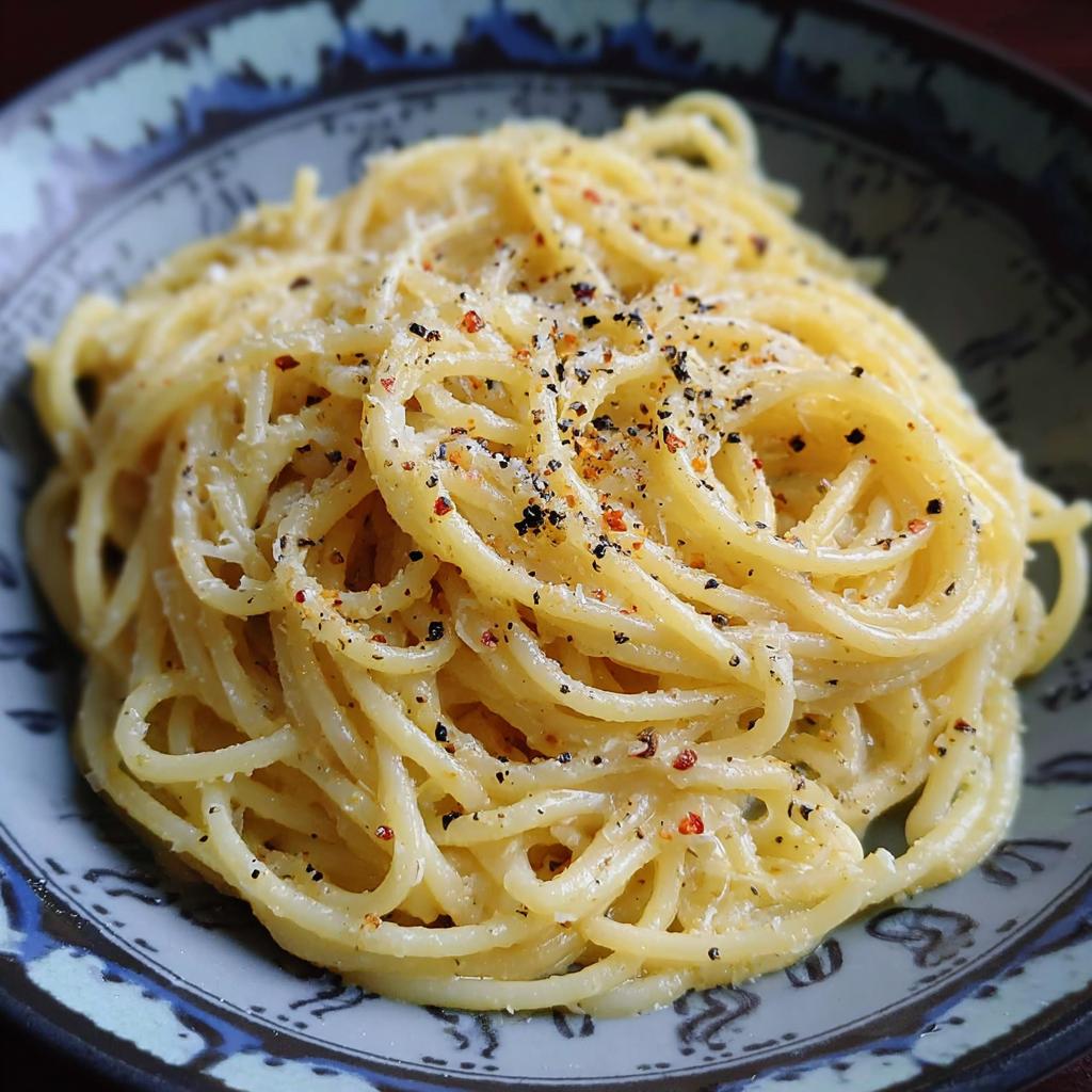 Close-up of a bowl of spaghetti with pepper and cheese, a simple yet delicious dinner idea.