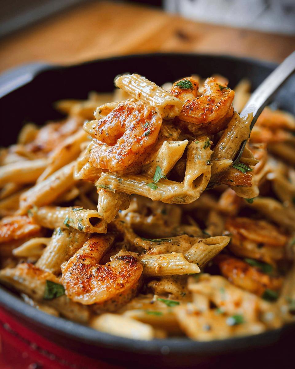 A fork lifting a bite of creamy Cajun Shrimp Pasta Recipe, featuring seasoned shrimp and penne pasta.
