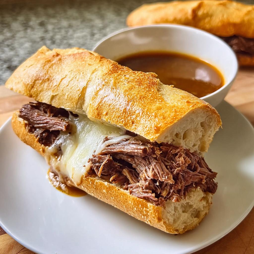 A delicious French dip sandwich with melted cheese, served with a side of au jus for dipping, perfect for quick dinner recipes.