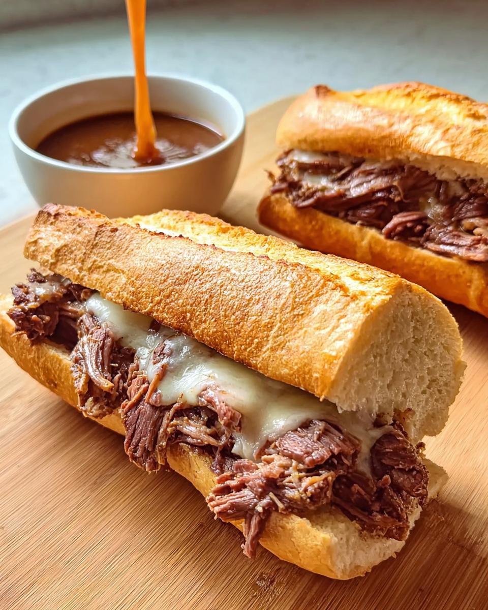 Close-up of a delicious French dip sandwich with melted cheese, served with a bowl of au jus for dipping, perfect for quick dinner recipes.