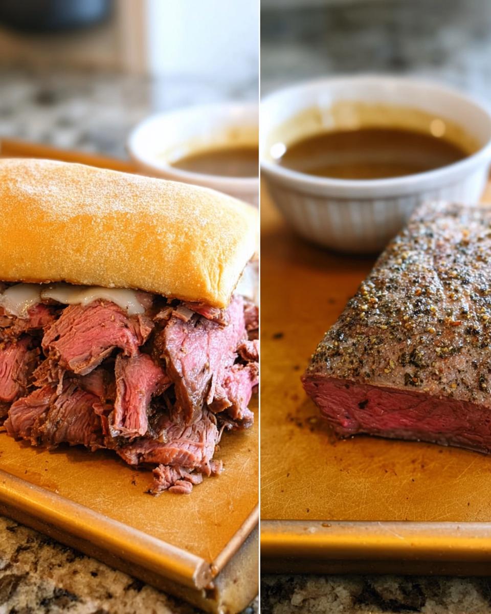 Split image showing a French Dip sandwich next to seasoned roast beef and a bowl of delicious Au Jus.