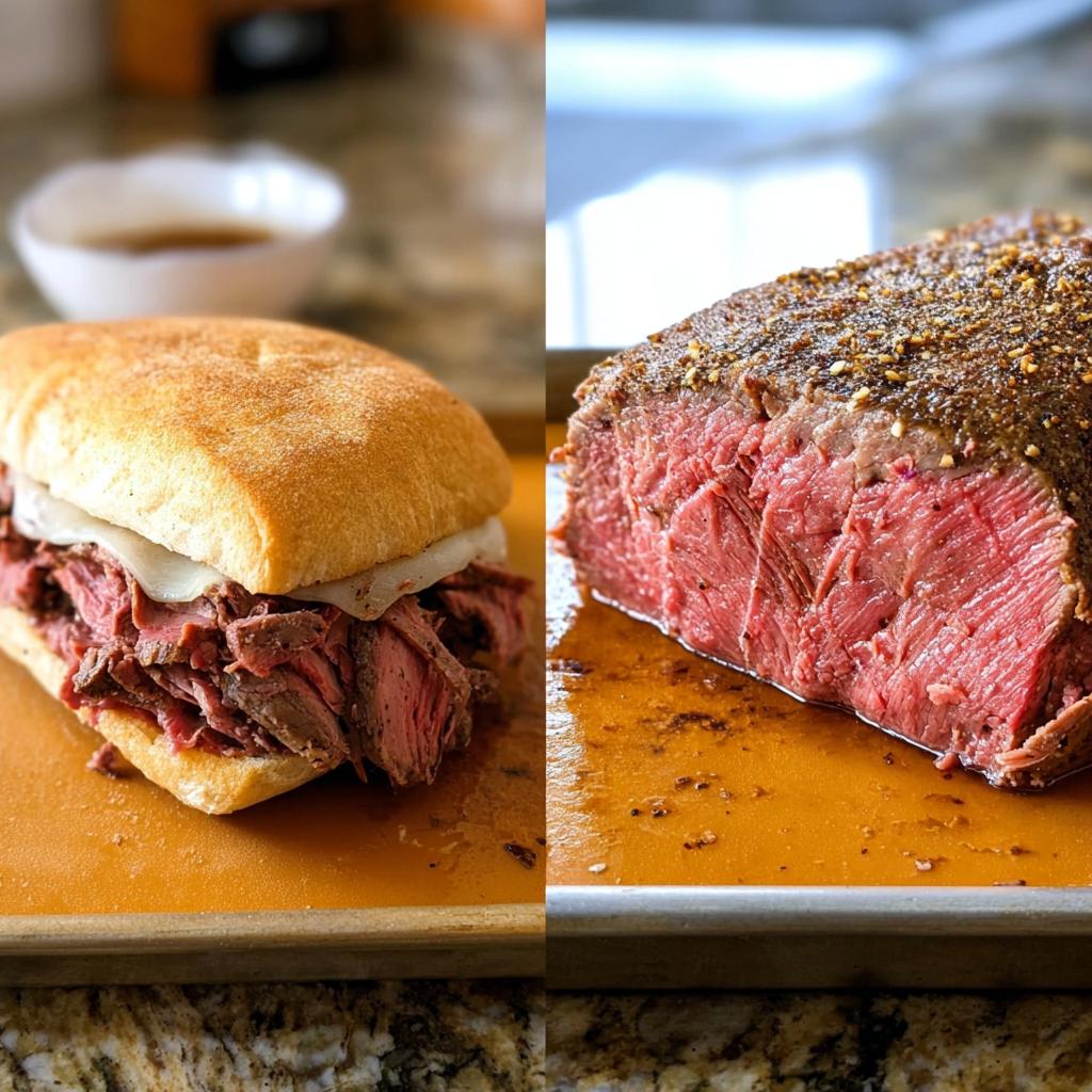 Split image showing a French Dip sandwich and a medium-rare roast beef ready for making delicious Au Jus.