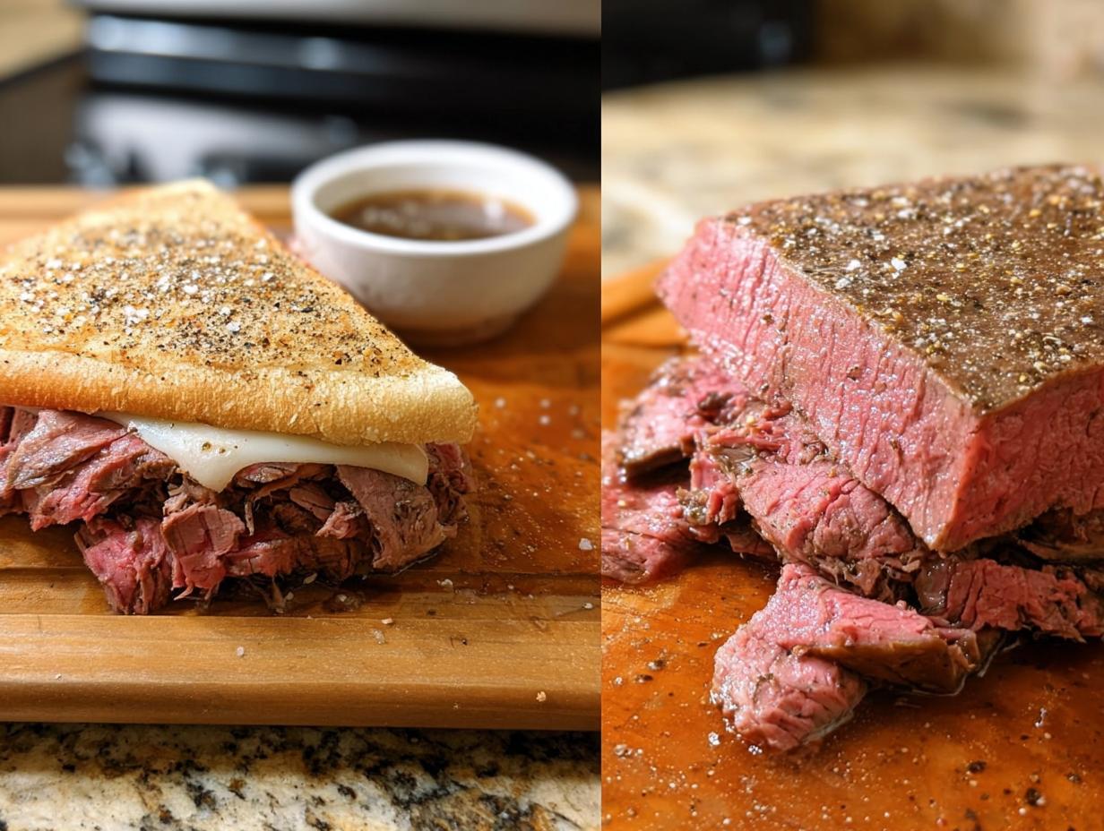 Split image showing a French Dip sandwich and sliced roast beef ready for making delicious Au Jus.