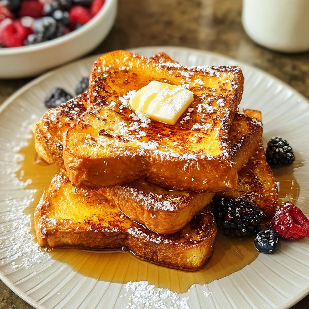 Stack of golden brown French toast topped with butter, powdered sugar, and syrup, served with fresh berries. A perfect breakfast idea in 20 minutes.