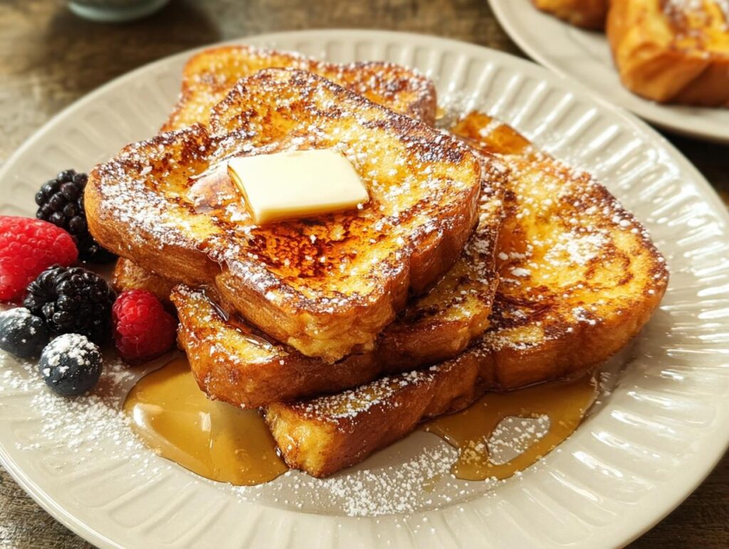 Golden brown French toast slices topped with butter, syrup, powdered sugar, and fresh berries. A perfect breakfast idea in 20 minutes.