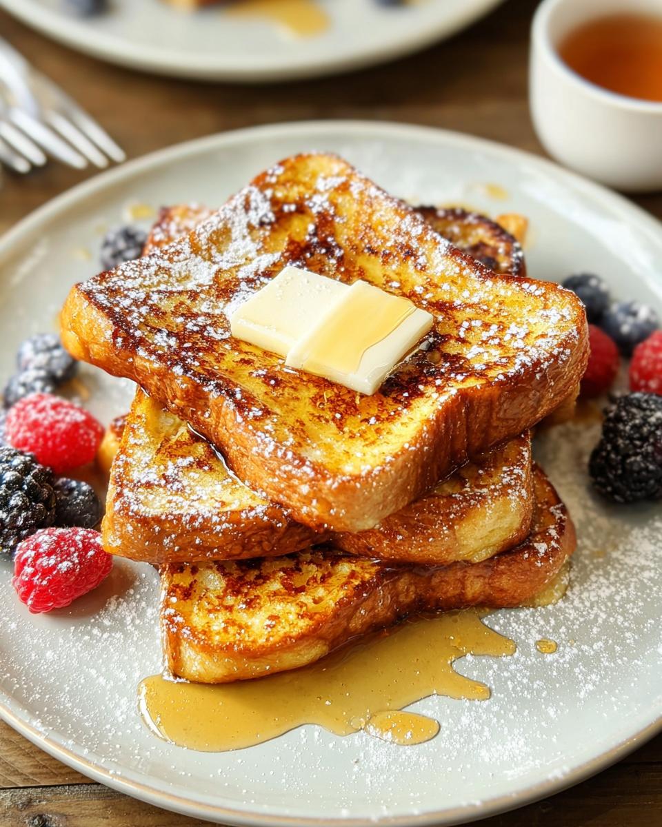 Stack of golden brown French toast topped with butter and syrup, surrounded by berries. Perfect for breakfast ideas in 20 minutes.
