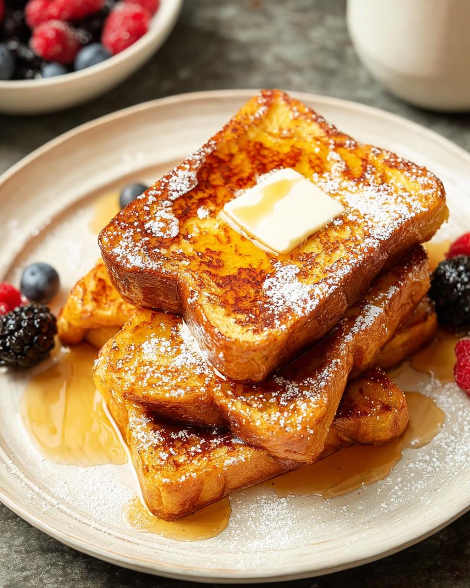 Stack of golden-brown French toast, dusted with powdered sugar, topped with butter and syrup, served with fresh berries. A perfect breakfast idea in 20 minutes.