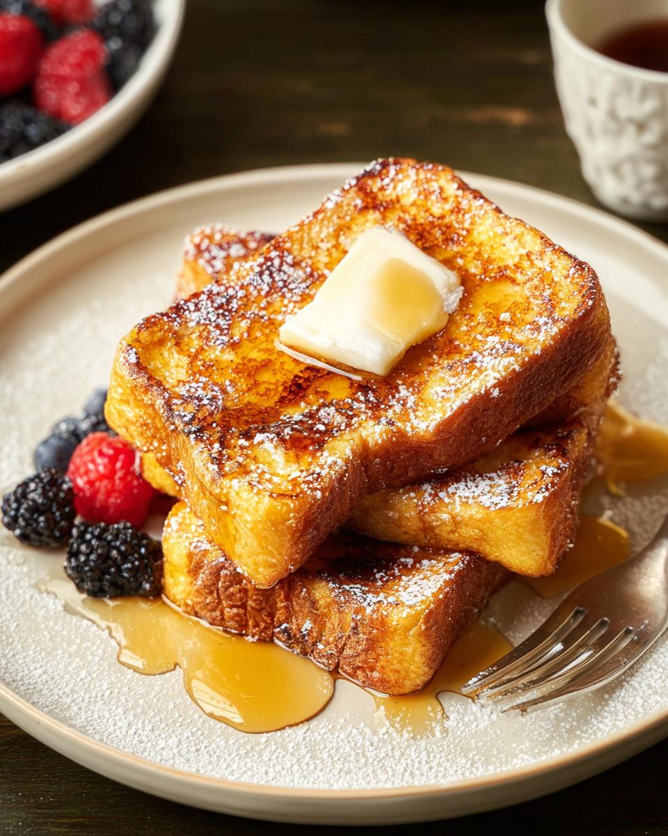Stack of golden brown French toast topped with butter, powdered sugar, and syrup, served with berries. A perfect breakfast idea in 20 minutes.