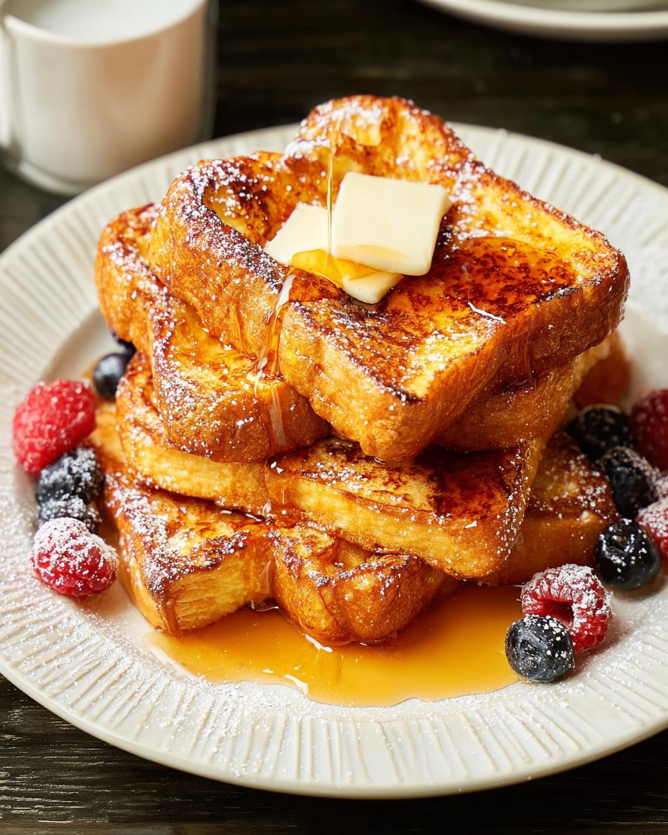 A stack of golden-brown French toast topped with butter and drizzled with syrup, served with berries. A quick breakfast idea.