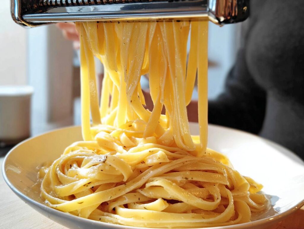 Fresh fettuccine pasta being cut from a pasta maker and falling into a white bowl.