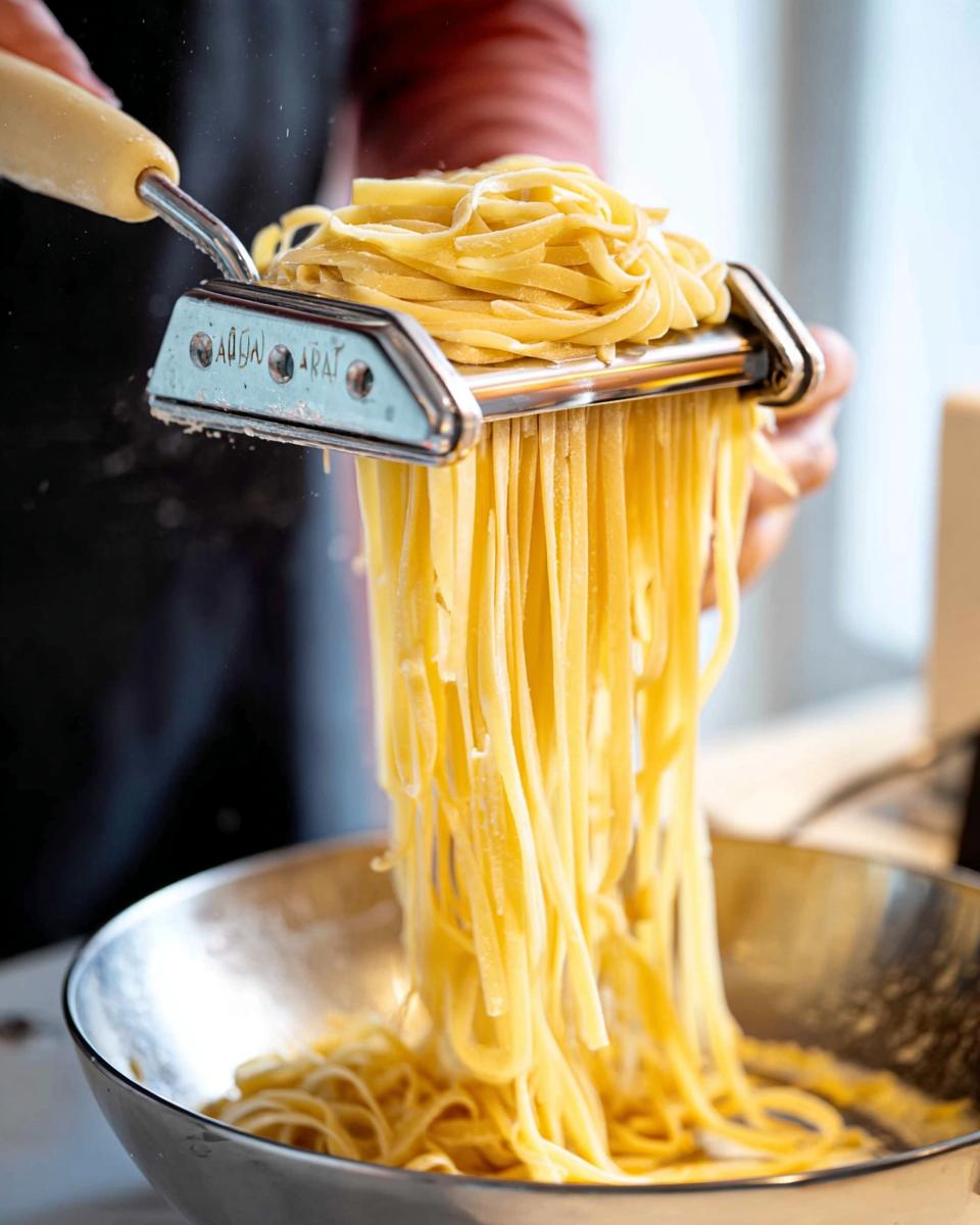 Close-up of fresh fettuccine pasta being cut by a pasta maker, falling into a metal bowl. Part of Ultimate Pasta Recipes Guide.