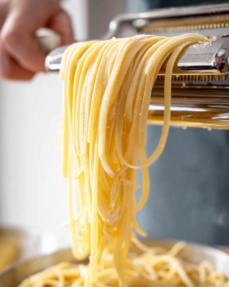 Close-up of fresh pasta strands being cut by a pasta machine, part of the Ultimate Pasta Recipes Guide.