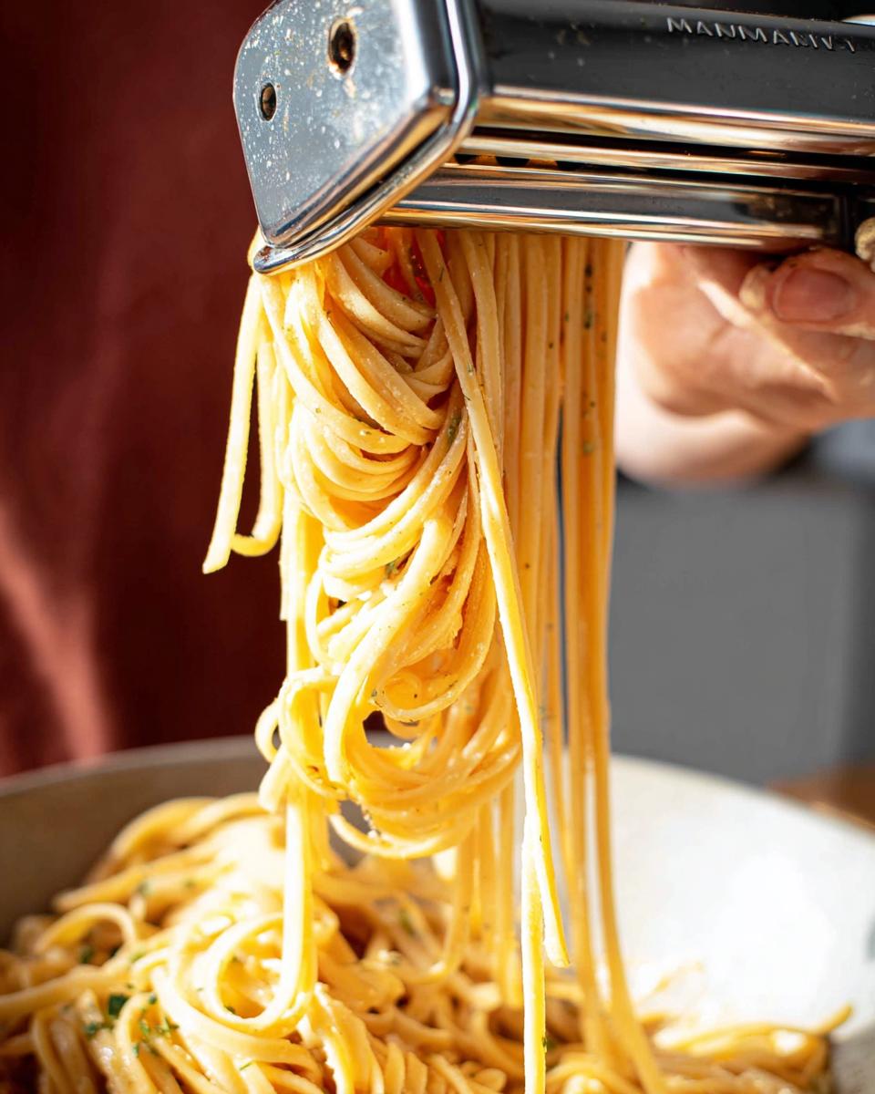 Close-up of fresh spaghetti pasta being cut by a pasta machine, part of the Ultimate Pasta Recipes Guide.