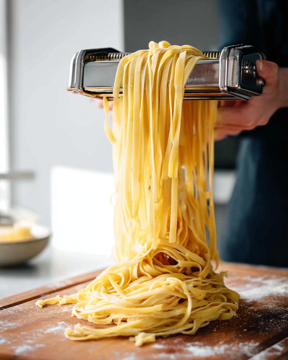 Freshly made fettuccine pasta being cut by a pasta machine onto a wooden board.