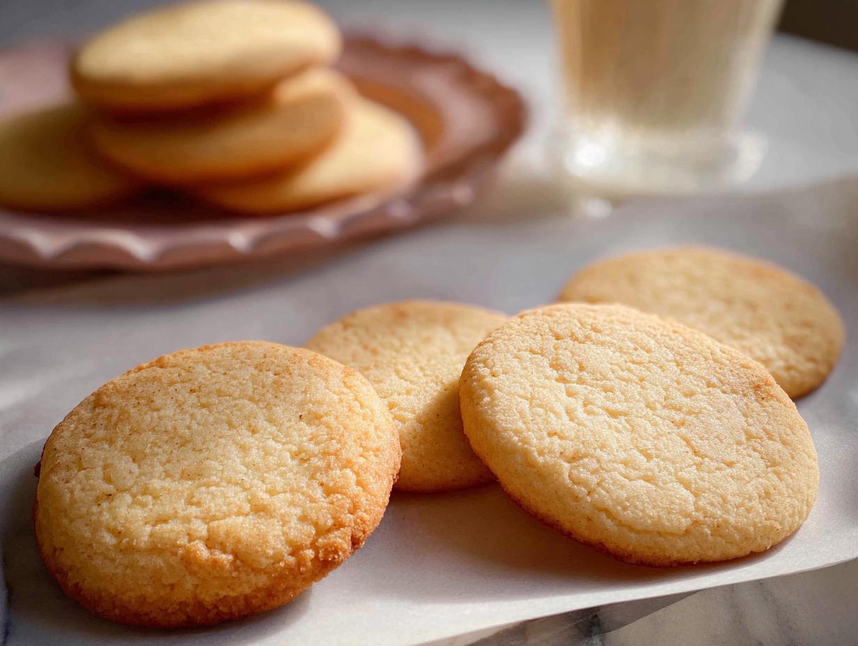 Close-up of freshly baked, round Cutout Sugar Cookies with slightly textured tops, ready for icing.