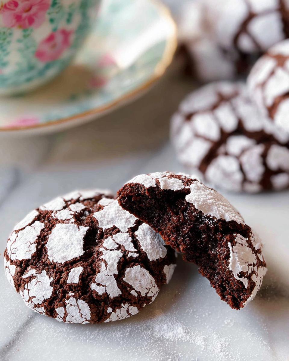 A fudgy Chocolate Crinkle Cookie broken in half showing the rich interior, dusted with powdered sugar.